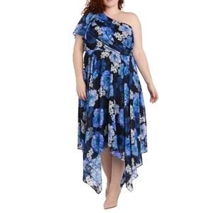 R&M Richards Womens One Shoulder Floral Dress Size 8 Blue Black Fairy Metallic‎